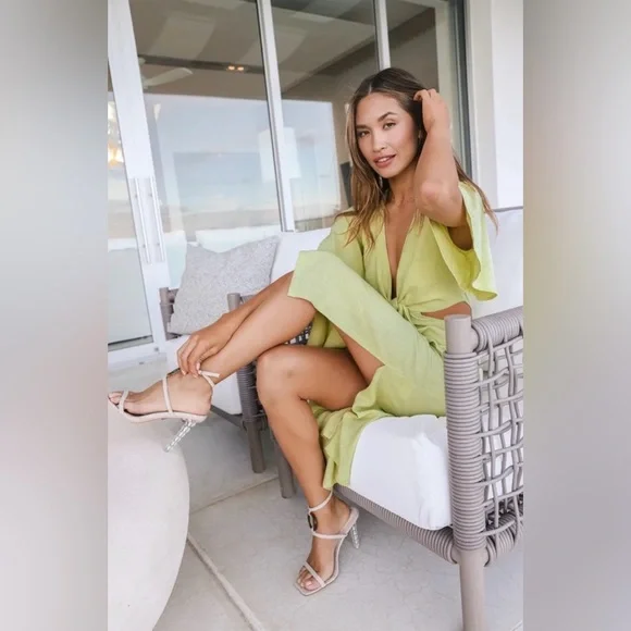 Lulus Summer Journey Light Green Tie-Front Linen Cutout Midi Dress - Picture 3 of 9